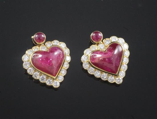 A pair of gold, ruby and diamond set heart shaped earrings, 20mm.